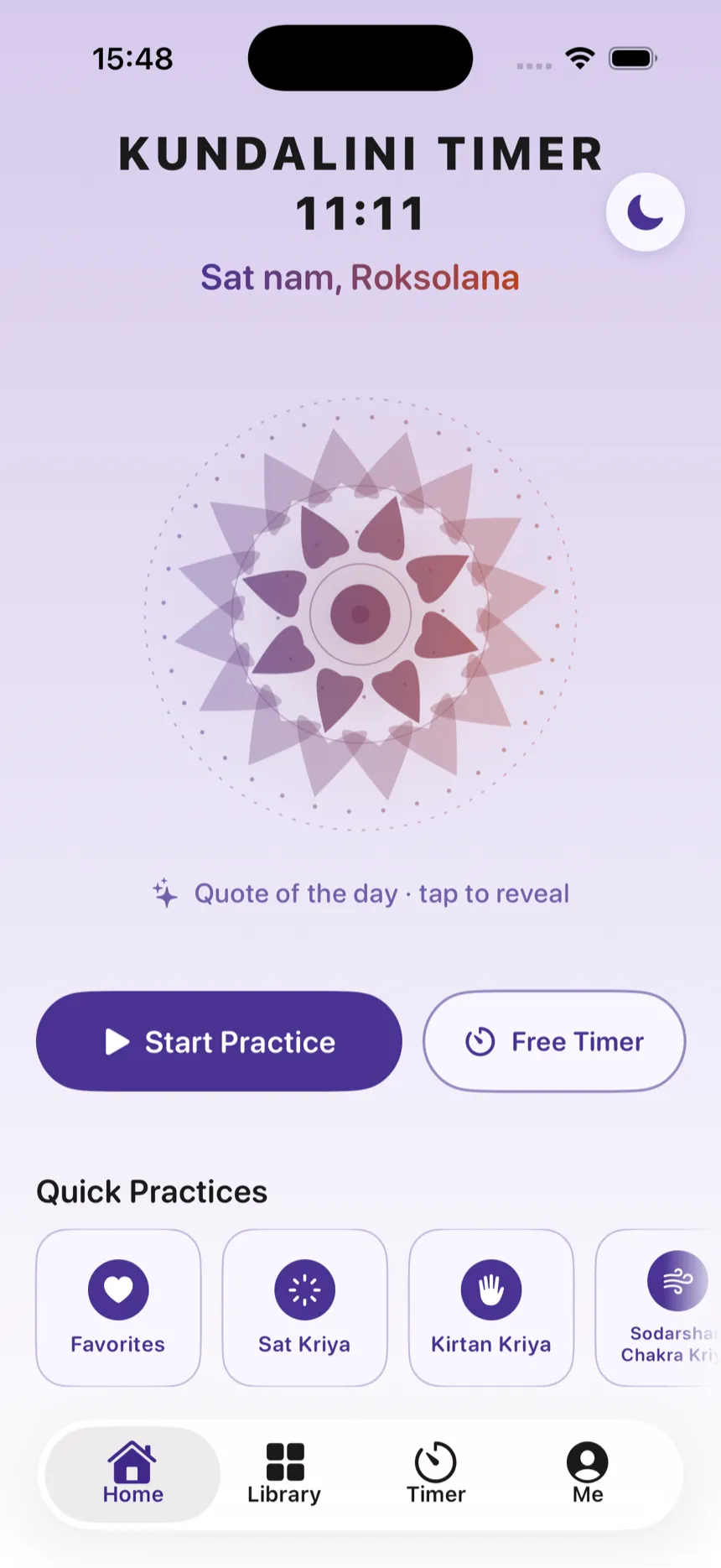 Kundalini Timer home screen, showing a focused meditation timer